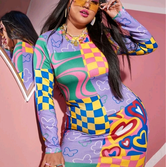 Plus Floral & Checker Print Bodycon Dress 3X NWOT - Picture 3 of 8